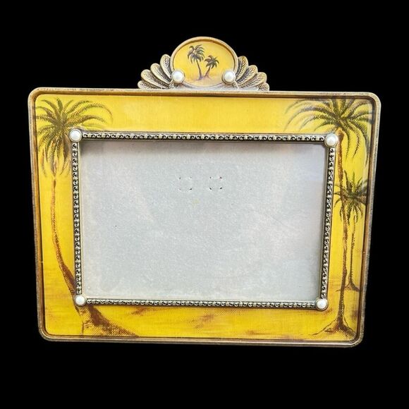 Photo Picture Frame Yellow Enamel Palm Trees Tropical Faux Pearls Gold Tone 4x6” - Picture 1 of 5